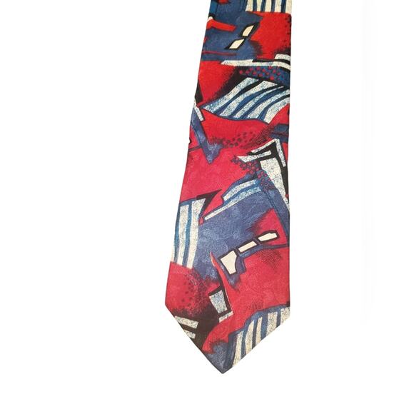 Oleg Cassini Red Blue White polyester tie with bold geometric print - Picture 2 of 4